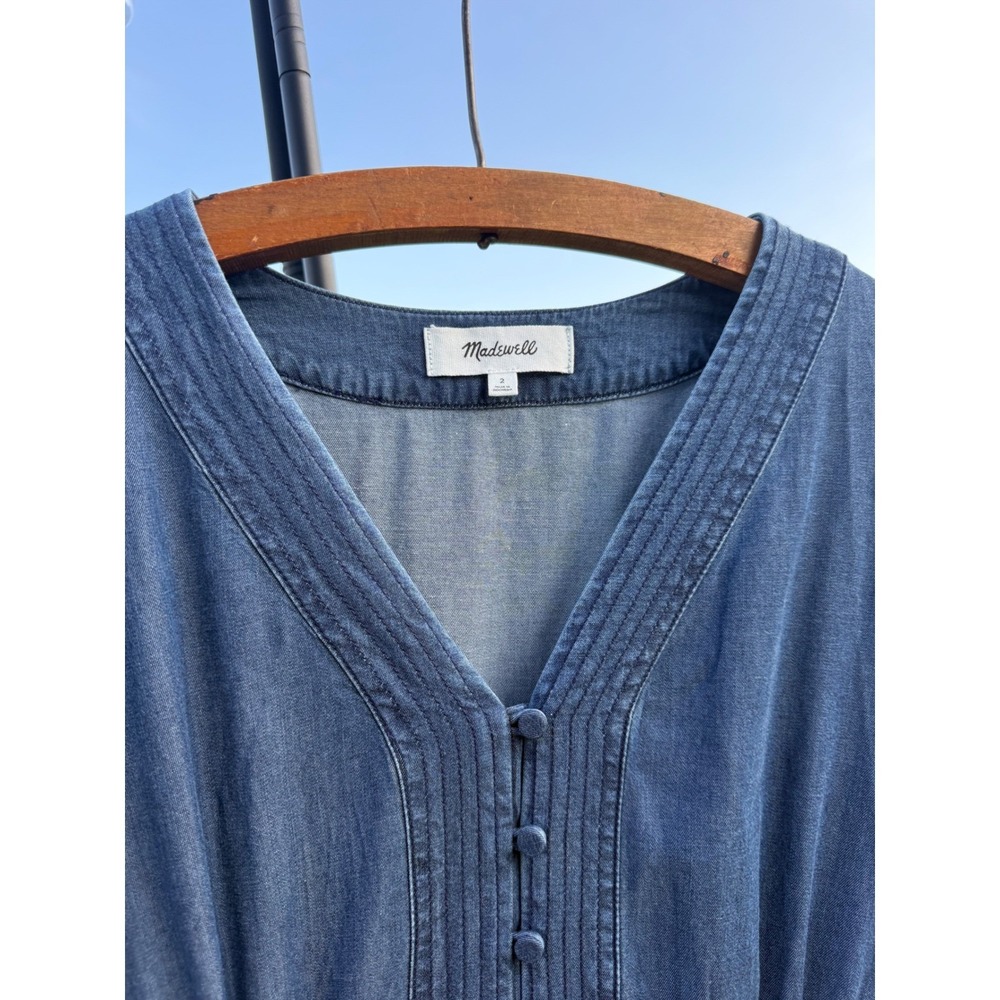 Madewell NZ187 Chambray Lyocell Button Front Puff Sleeve Mini Dress Size 2 - Picture 7 of 12